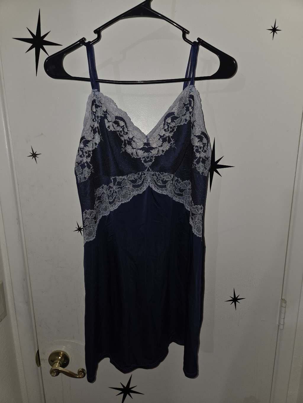Wacoal Navy Satin Chemise With White Lace Trim See Description